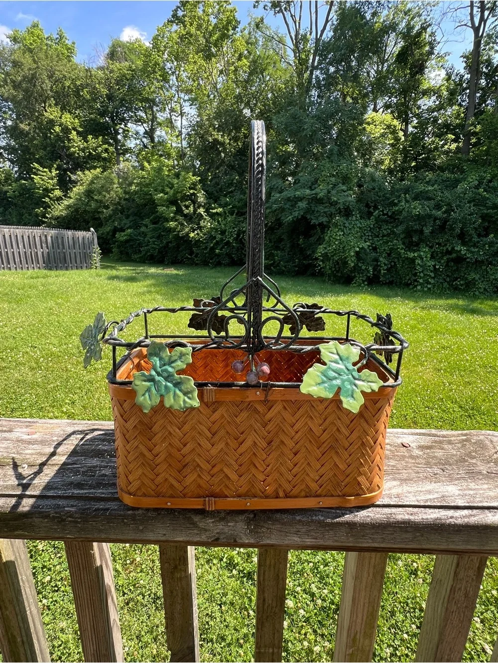 Woven Brown Basket Planter with Decorative Leaf Trim